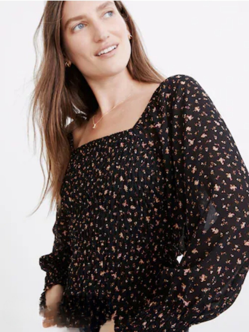 Madewell Georgette Lucie Floral Smocked Square-Neck Blouse Sz 4. Bubble Sleeve